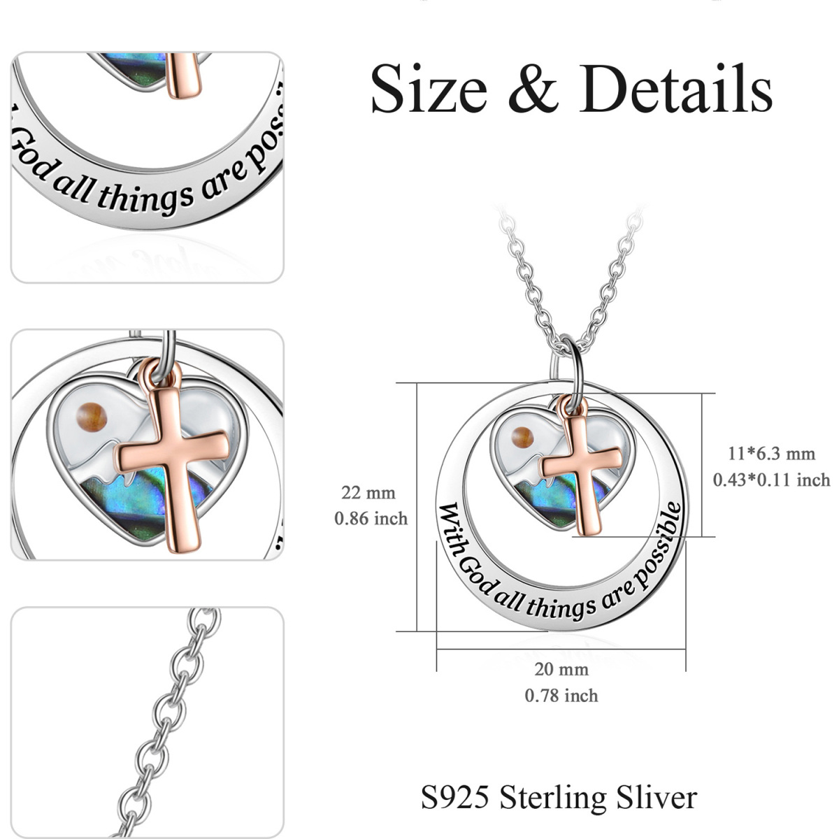 Sterling Silver Two-Tone Abalone Shellfish Cross With Heart Pendant Necklace With Engraved Word For Women-5