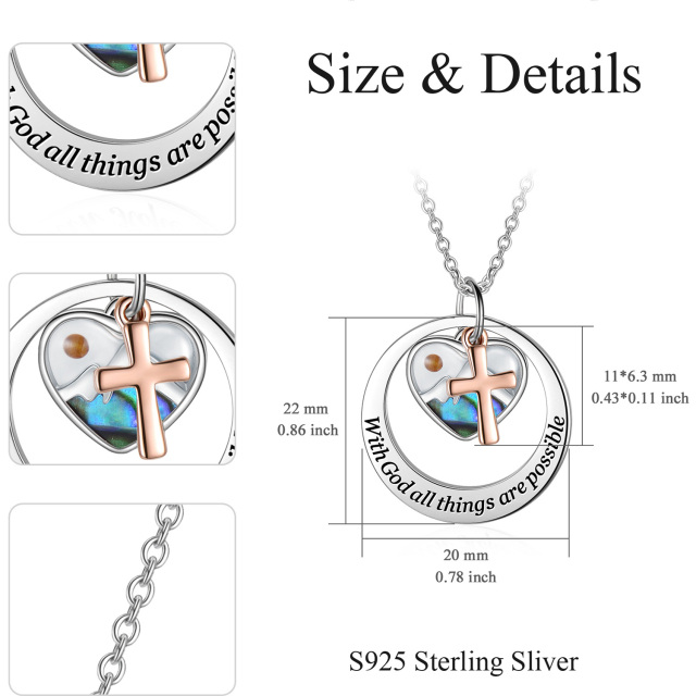 Sterling Silver Two-tone Abalone Shellfish Cross & Heart & Mountains Pendant Necklace with Engraved Word-5