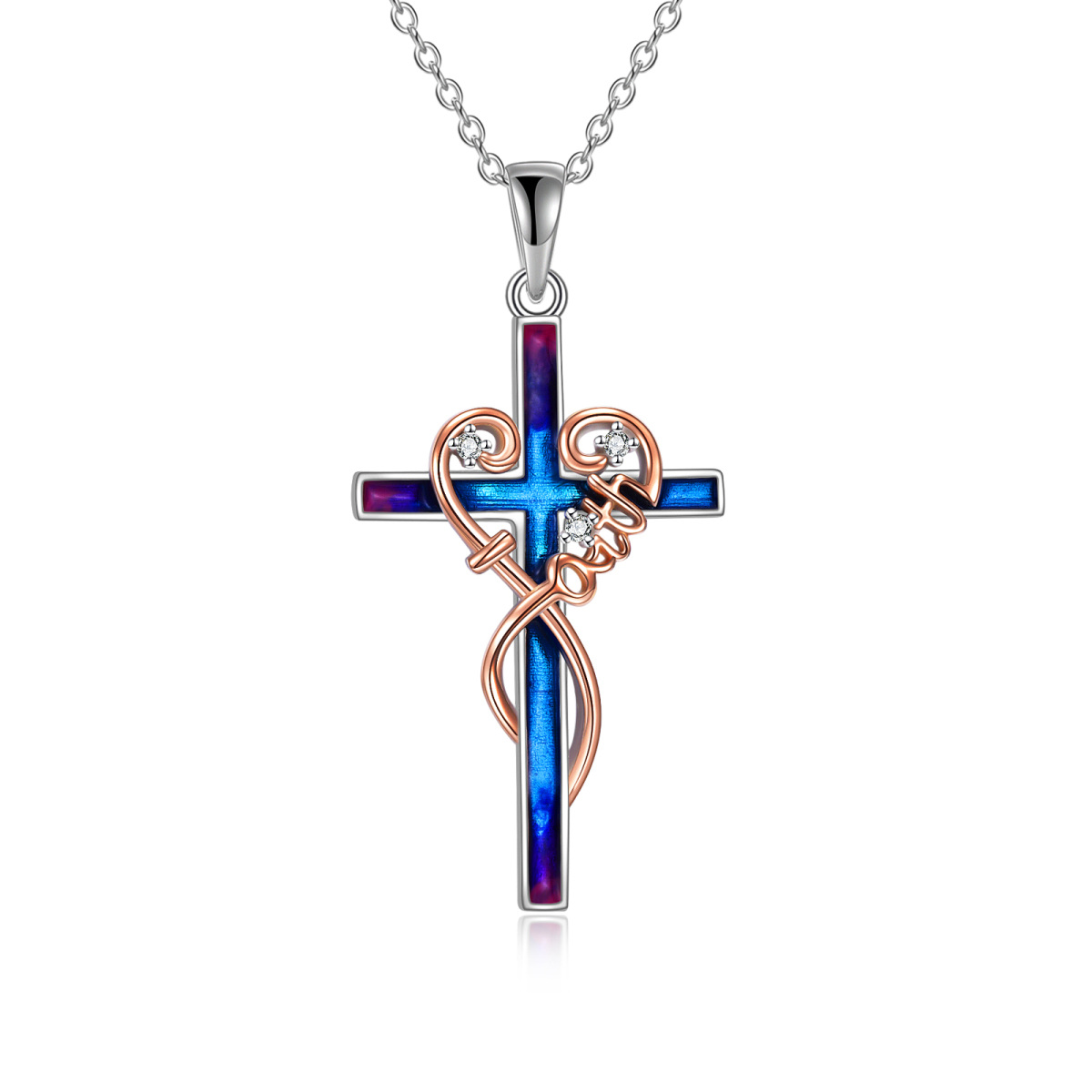 Sterling Silver Two-tone Abalone Shellfish Cross & Heart Pendant Necklace with Engraved Word-1