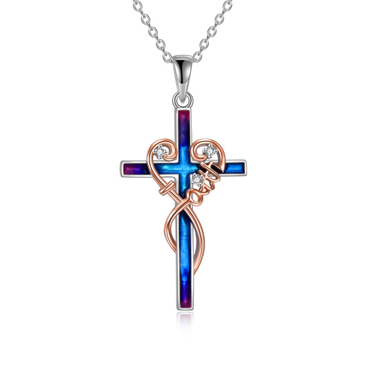 Sterling Silver Two-tone Abalone Shellfish Cross & Heart Pendant Necklace with Engraved Word