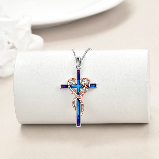 Sterling Silver Two-tone Abalone Shellfish Cross & Heart Pendant Necklace with Engraved Word-4