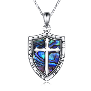 Sterling Silver Two-tone Abalone Shellfish Cross & Shield Pendant Necklace with Engraved Word-2