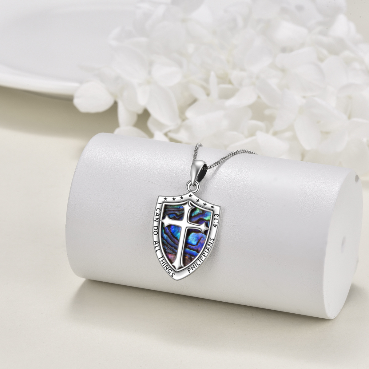 Sterling Silver Two-tone Abalone Shellfish Cross & Shield Pendant Necklace with Engraved Word-4