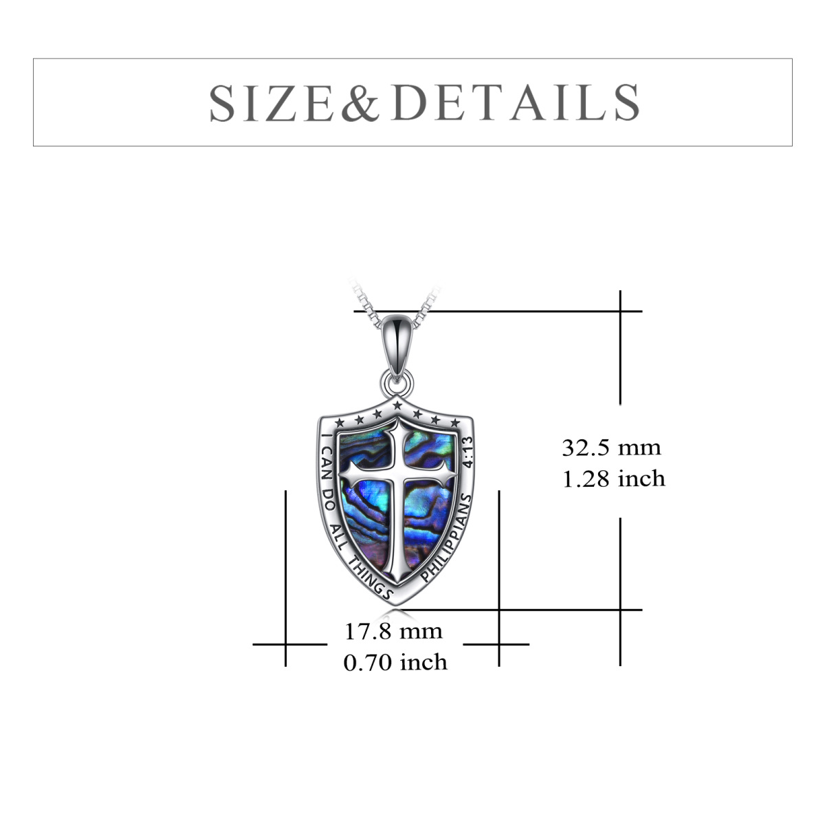 Sterling Silver Two-tone Abalone Shellfish Cross & Shield Pendant Necklace with Engraved Word-5