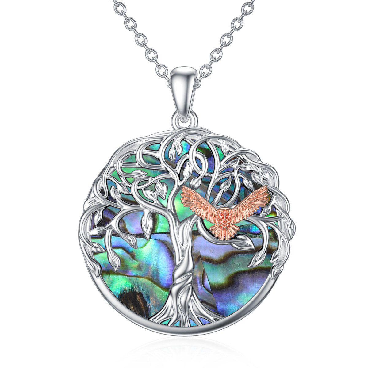 Collana con ciondolo a forma di aquila in argento sterling bicolore con molluschi abalone-1