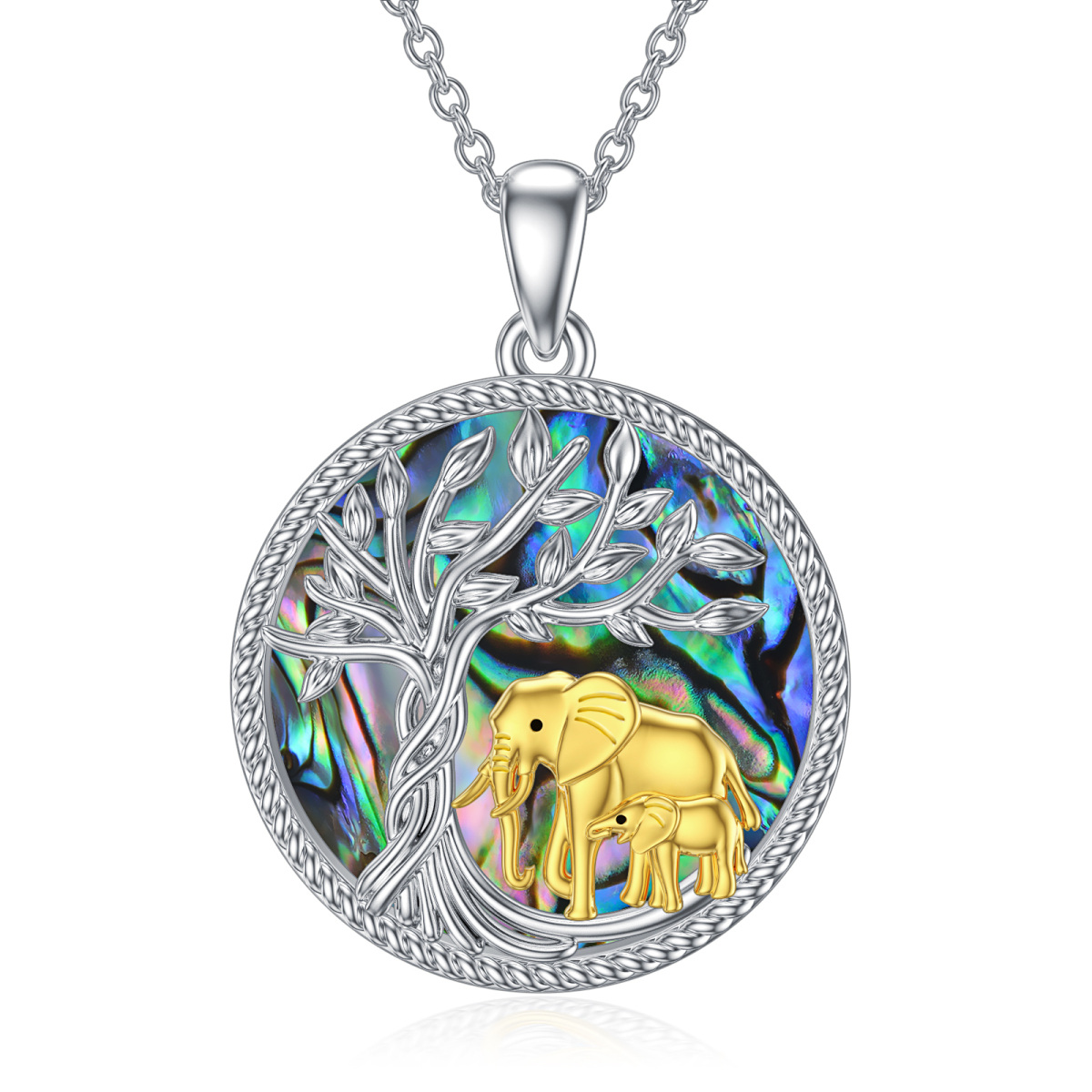 Sterling Silver Two-tone Abalone Shellfish Elephant & Tree Of Life Pendant Necklace-1