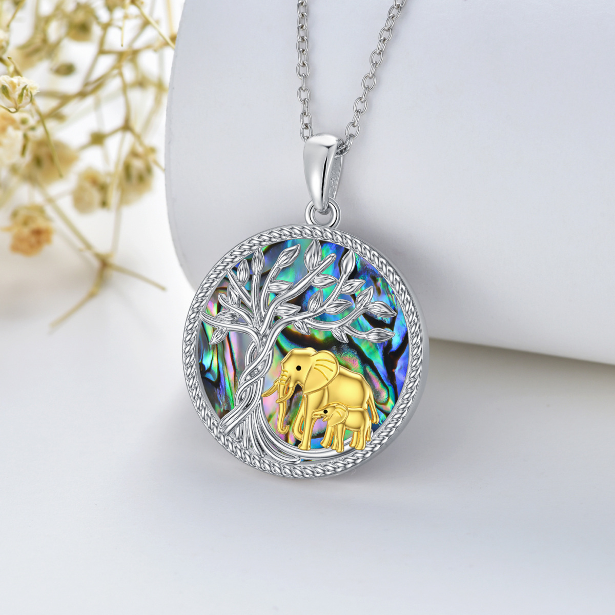 Sterling Silver Two-tone Abalone Shellfish Elephant & Tree Of Life Pendant Necklace-3