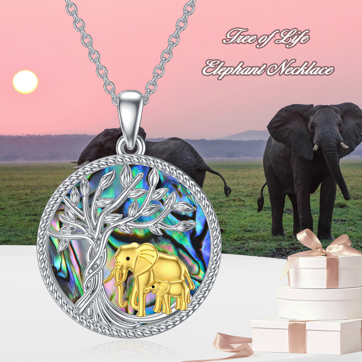 Sterling Silver Two-tone Abalone Shellfish Elephant & Tree Of Life Pendant Necklace-5