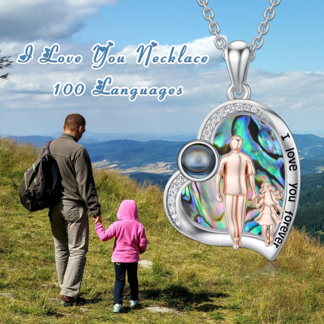 Collana con pendente a cuore a forma di padre e figlia in argento sterling bicolore con crostacei abalone con parola incisa-3