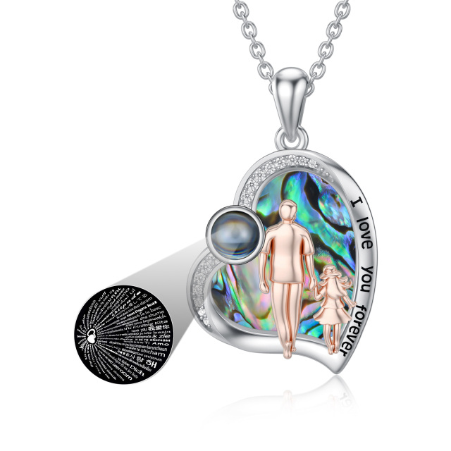 Collana con pendente a cuore a forma di padre e figlia in argento sterling bicolore con crostacei abalone con parola incisa-1