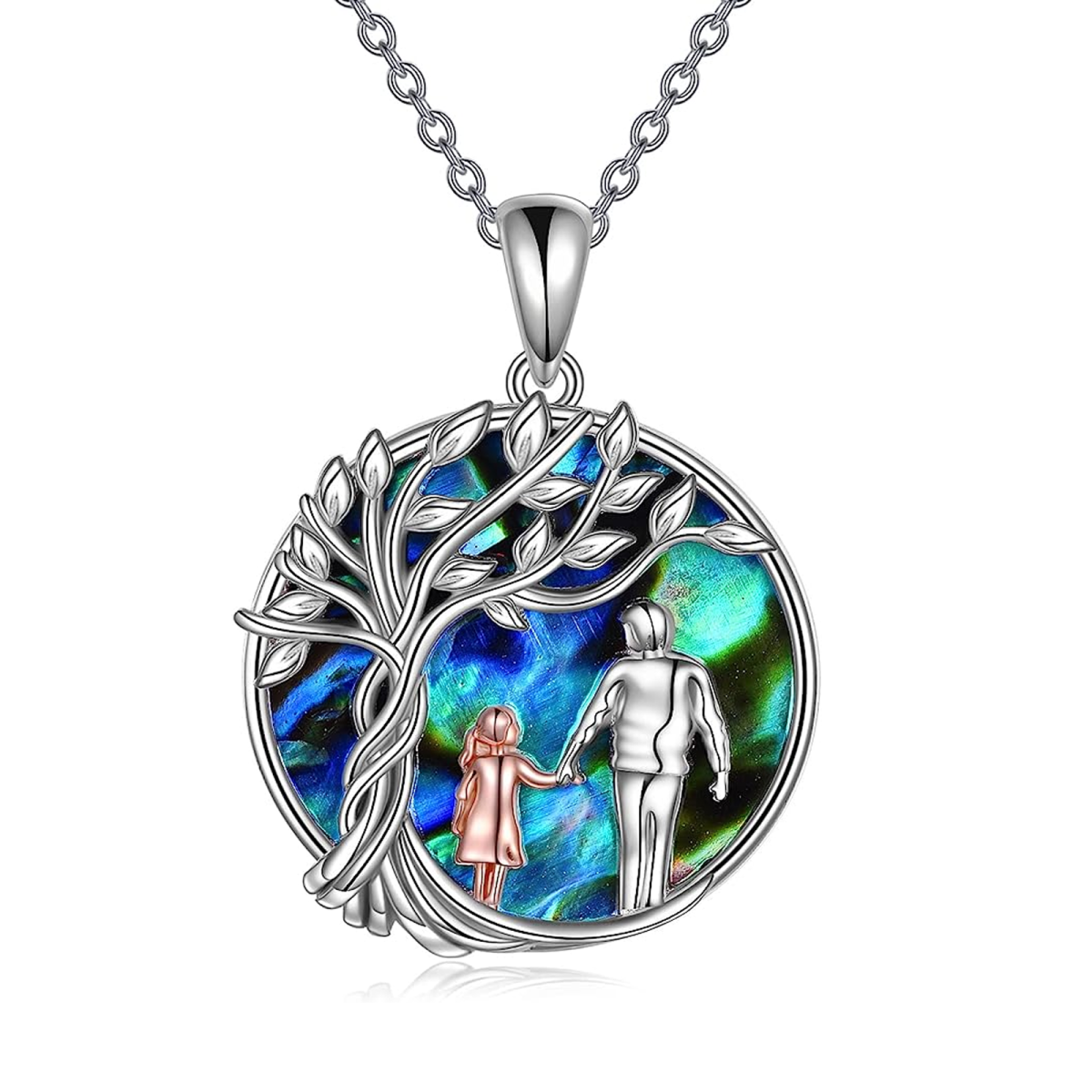 Sterling Silver Two-tone Abalone Shellfish Father & Daughter Pendant Necklace-1