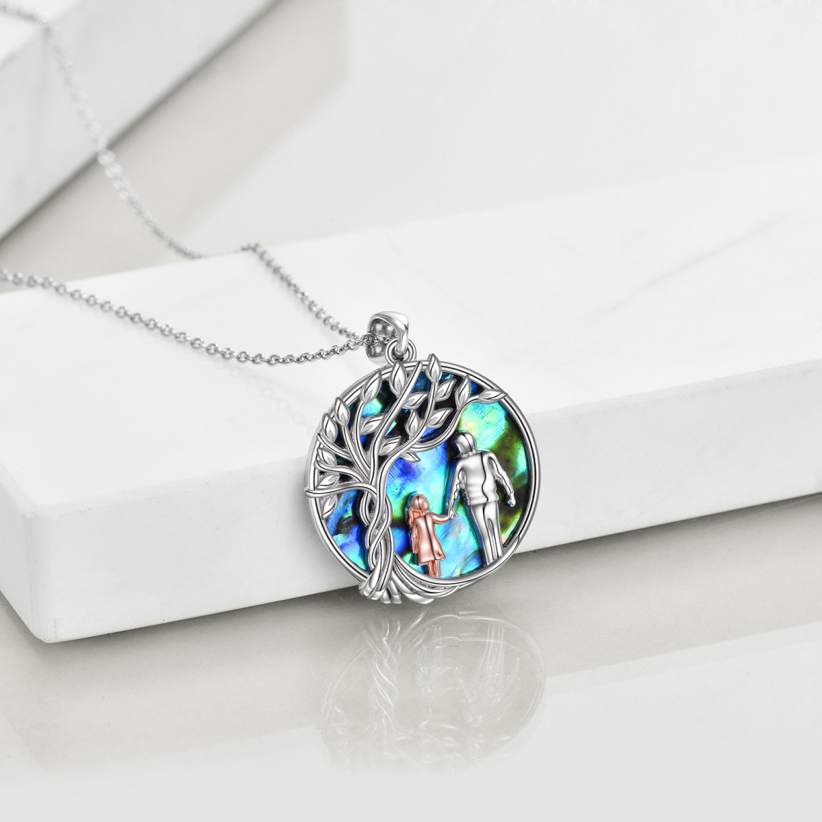 Sterling Silver Two-tone Abalone Shellfish Father & Daughter Pendant Necklace-3