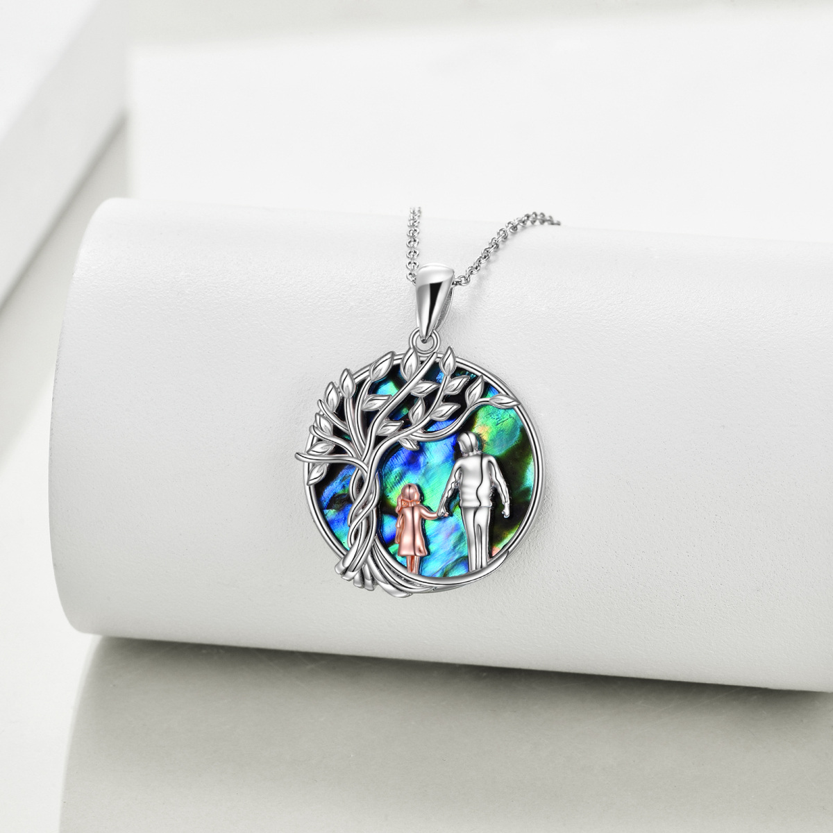 Sterling Silver Two-tone Abalone Shellfish Father & Daughter Pendant Necklace-4