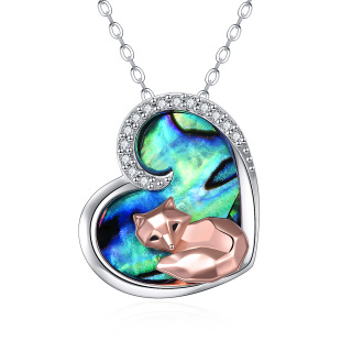 Sterling Silver Two-tone Abalone Shellfish Fox & Heart Pendant Necklace-14