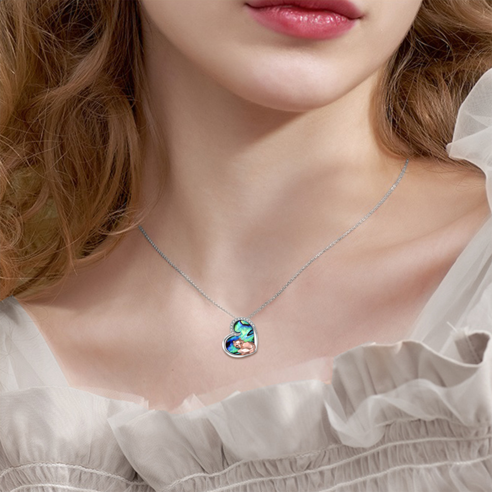 Sterling Silver Two-tone Abalone Shellfish Fox & Heart Pendant Necklace-2