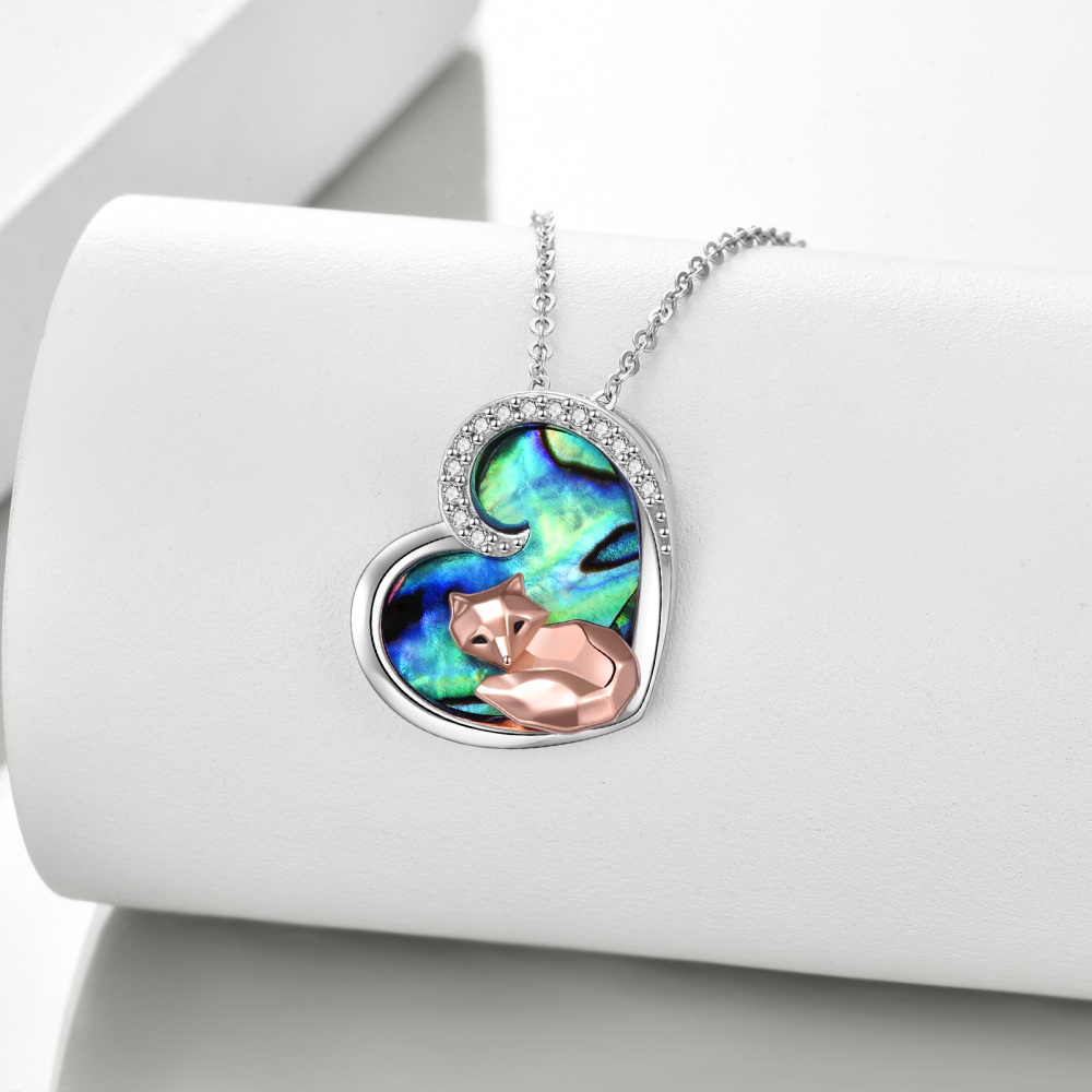 Sterling Silver Two-tone Abalone Shellfish Fox & Heart Pendant Necklace-3
