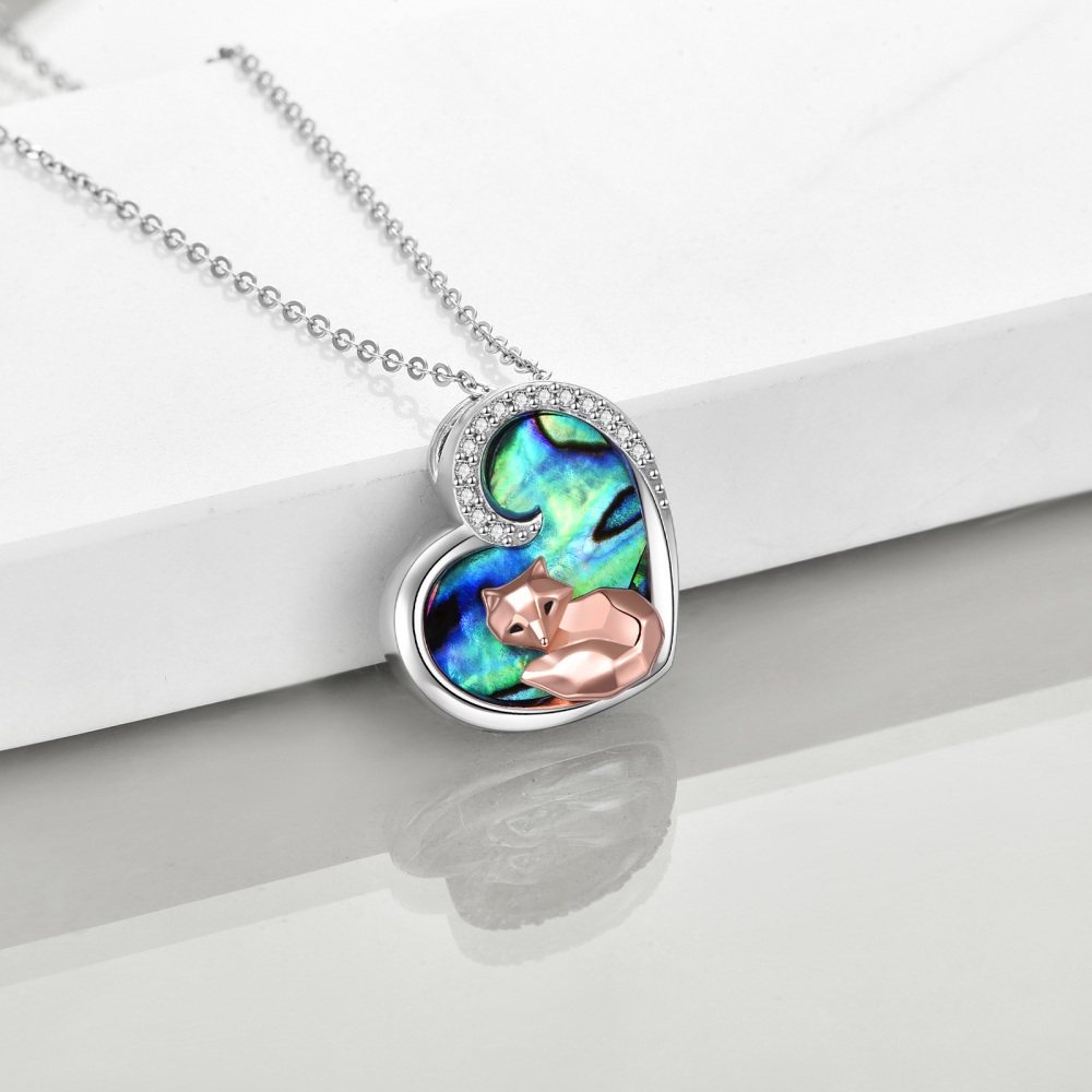 Sterling Silver Two-tone Abalone Shellfish Fox & Heart Pendant Necklace-4