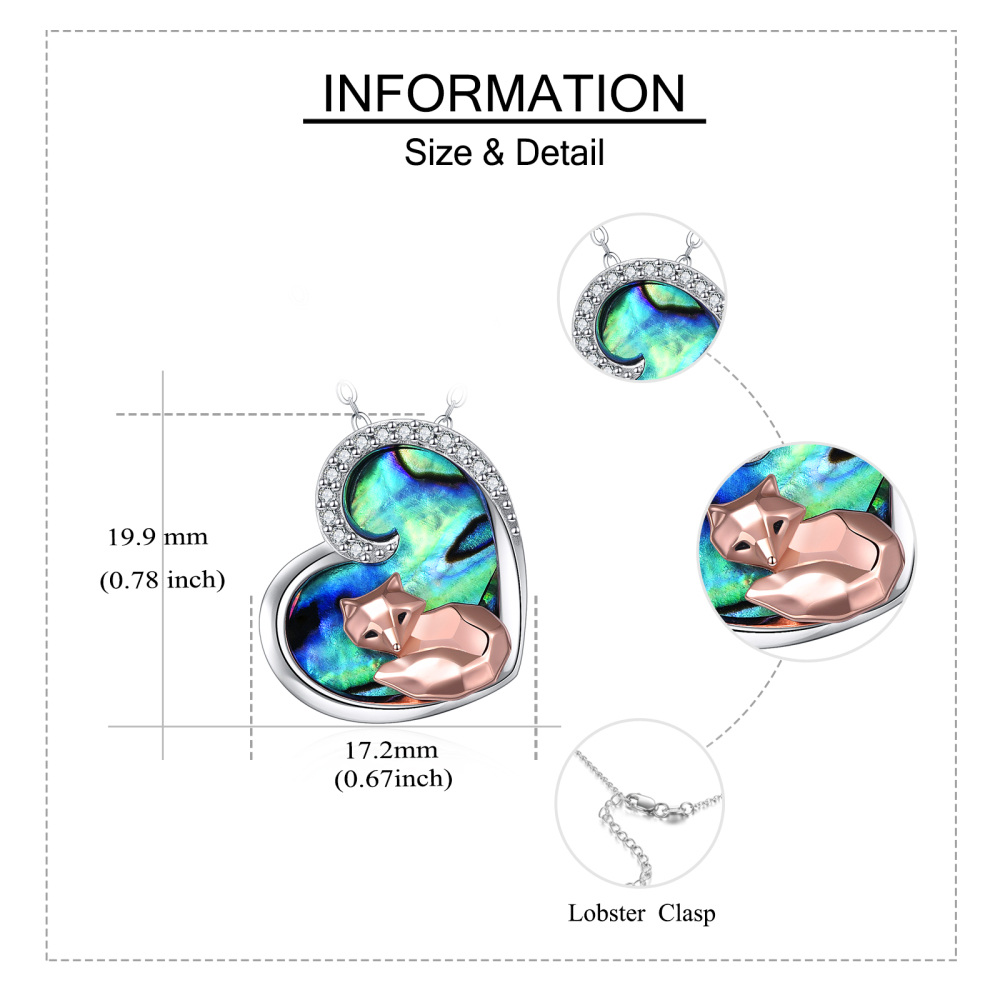 Sterling Silver Two-tone Abalone Shellfish Fox & Heart Pendant Necklace-5