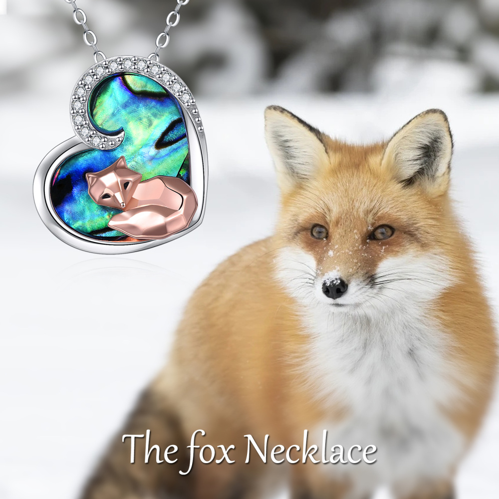 Sterling Silver Two-tone Abalone Shellfish Fox & Heart Pendant Necklace-6