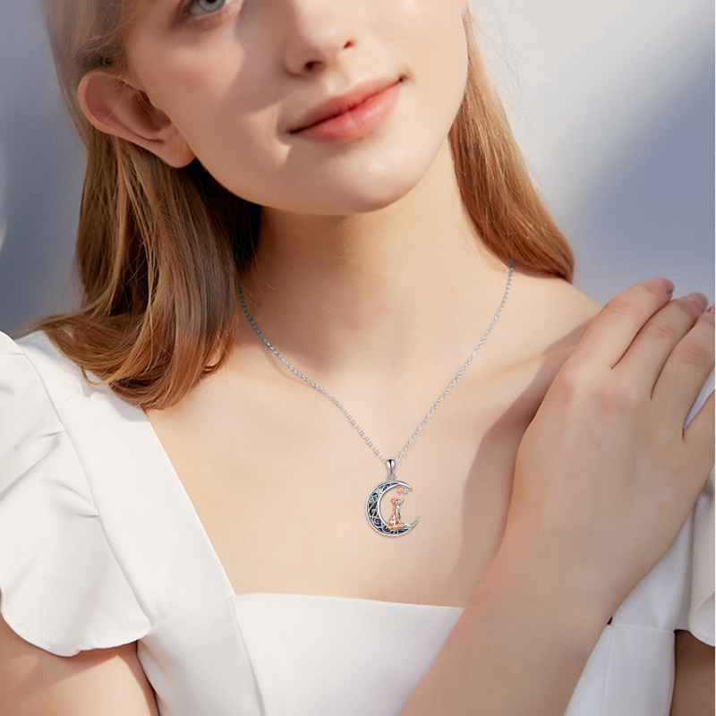 Sterling Silver Two-tone Abalone Shellfish Fox & Moon Star Pendant Necklace-2