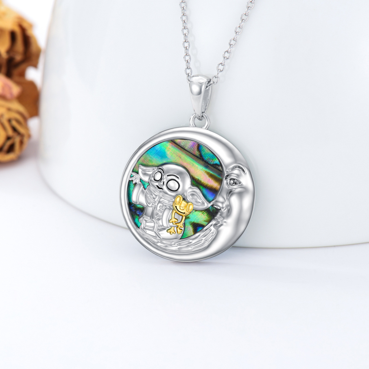 Sterling Silver Two-tone Abalone Shellfish Frog & Moon Pendant Necklace-3