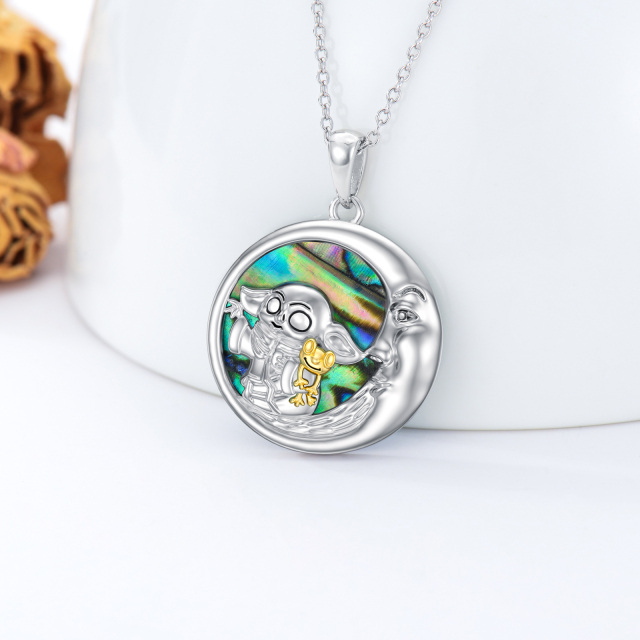 Sterling Silver Two-tone Abalone Shellfish Frog & Moon Pendant Necklace-3