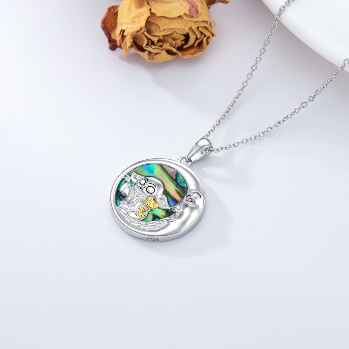 Sterling Silver Two-tone Abalone Shellfish Frog & Moon Pendant Necklace-4