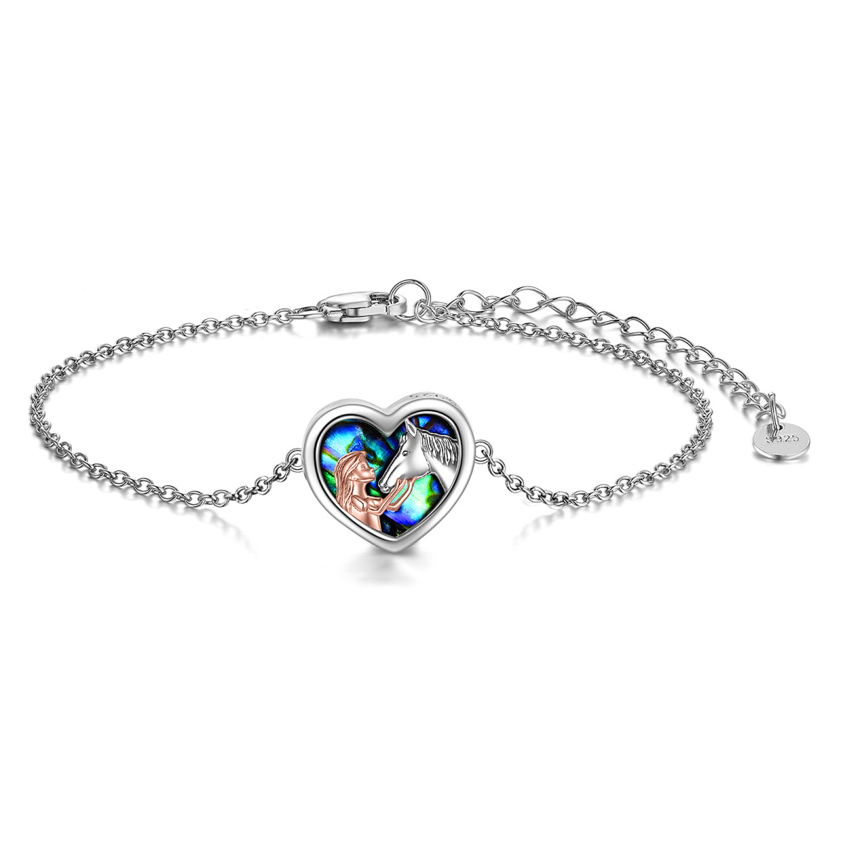 Sterling Silver Two-tone Abalone Shellfish Horse & Heart Pendant Bracelet-1