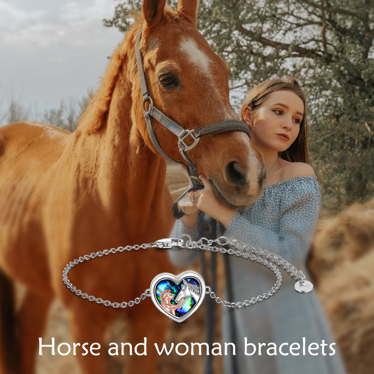 Pulsera de plata de ley bicolor con colgante de concha de abalón, caballo y corazón-6