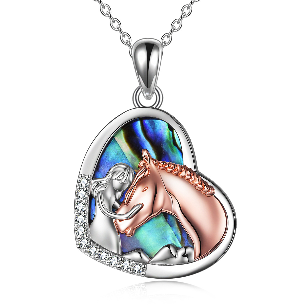 Collier en argent sterling avec pendentif cheval et coeur en coquillage abalone bicolore-1