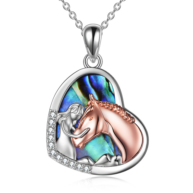 Sterling Silver Two-tone Abalone Shellfish Horse & Heart Pendant Necklace-5