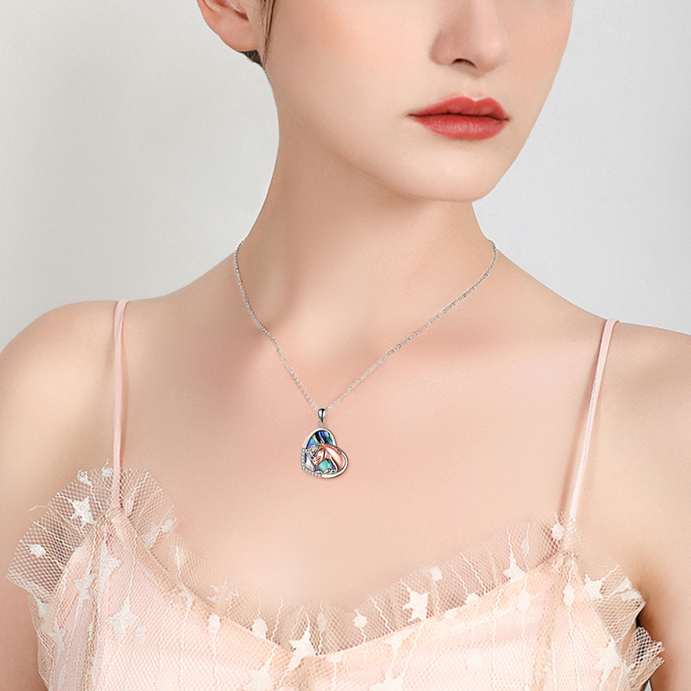 Sterling zilveren tweekleurige Abalone schelpdier paard & hart hanger ketting-2