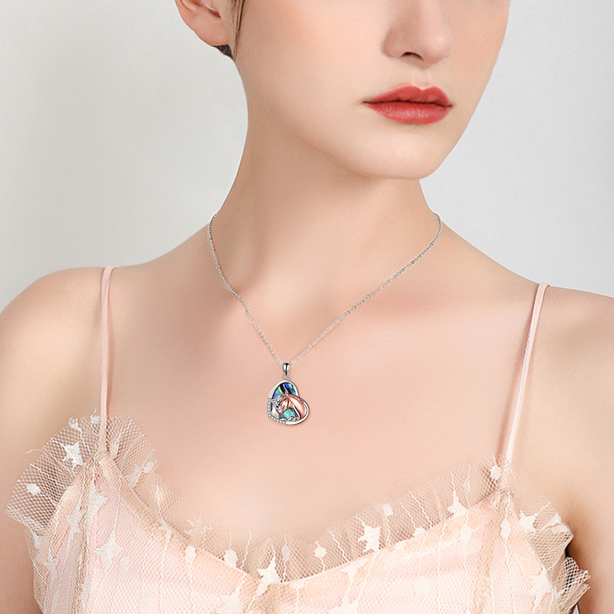 Collier en argent sterling avec pendentif cheval et coeur en coquillage abalone bicolore-2