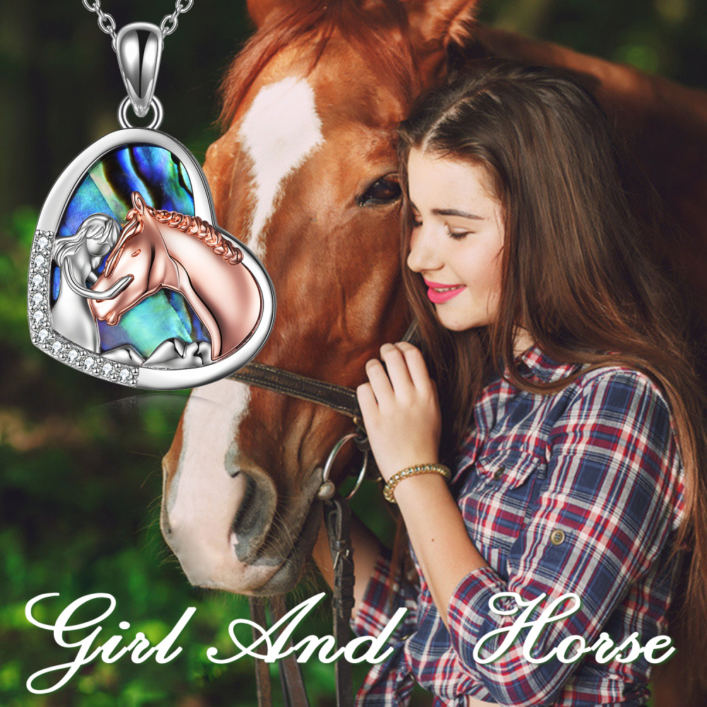 Sterling zilveren tweekleurige Abalone schelpdier paard & hart hanger ketting-3