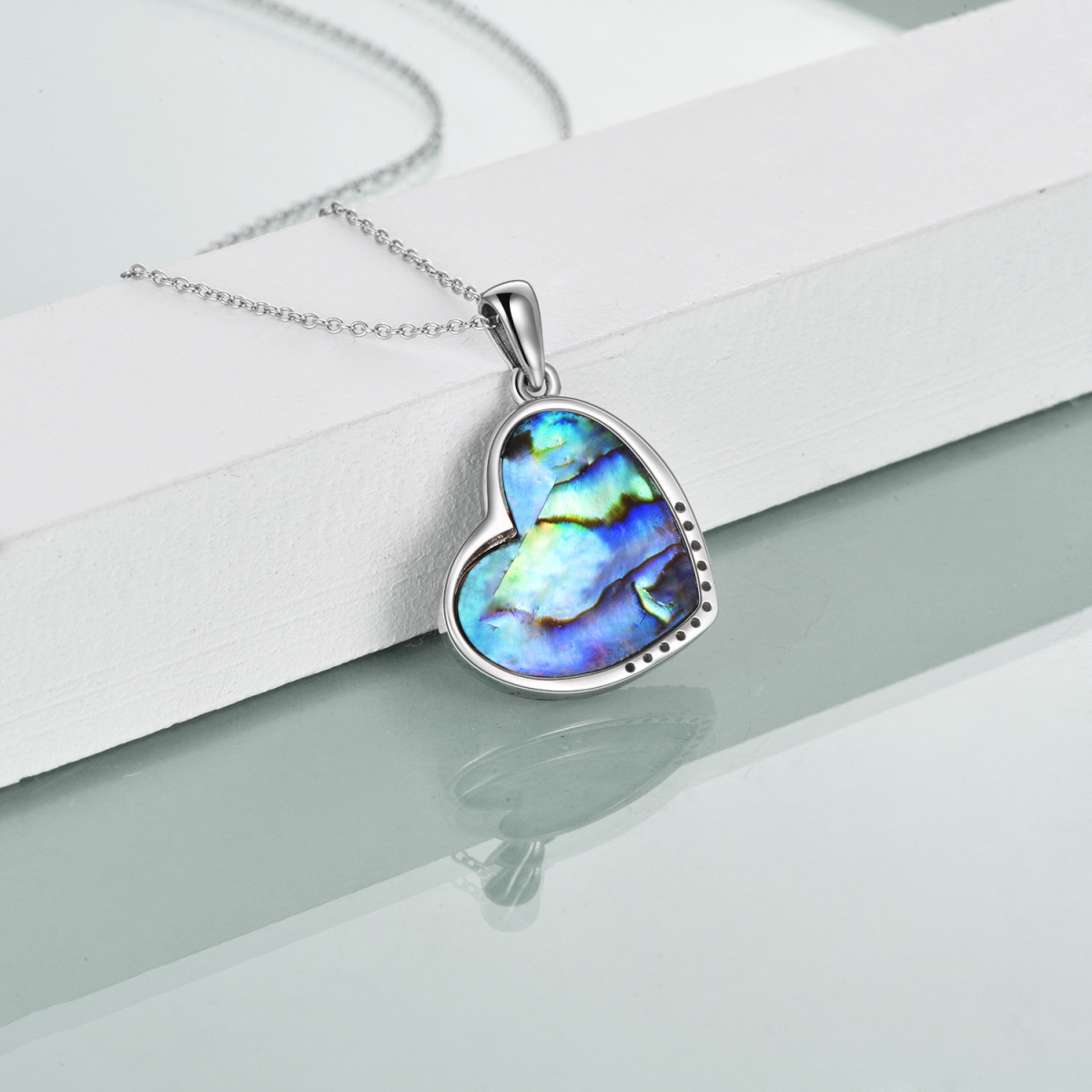 Sterling Silver Two-tone Abalone Shellfish Horse & Heart Pendant Necklace-5