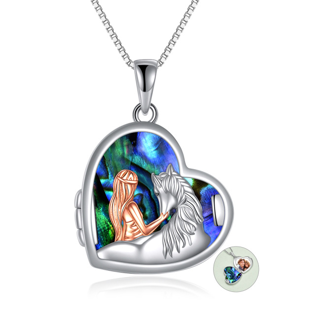 Collana in argento sterling bicolore con crostacei Abalone, cavallo e cuore, con medaglione fotografico personalizzato e parola incisa