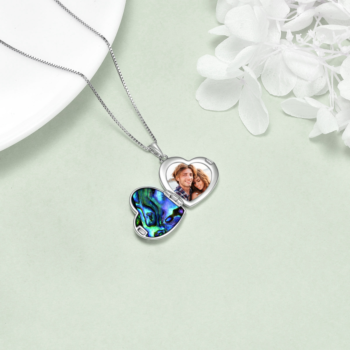 Plata de ley de dos tonos Abalone Shellfish Horse & Heart Personalized Photo Locket Neckla-4