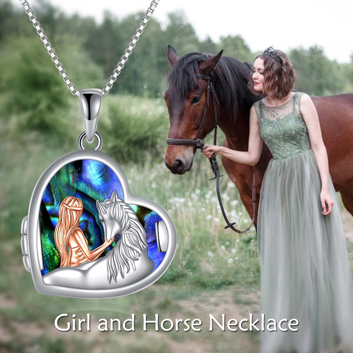 Plata de ley de dos tonos Abalone Shellfish Horse & Heart Personalized Photo Locket Neckla-6