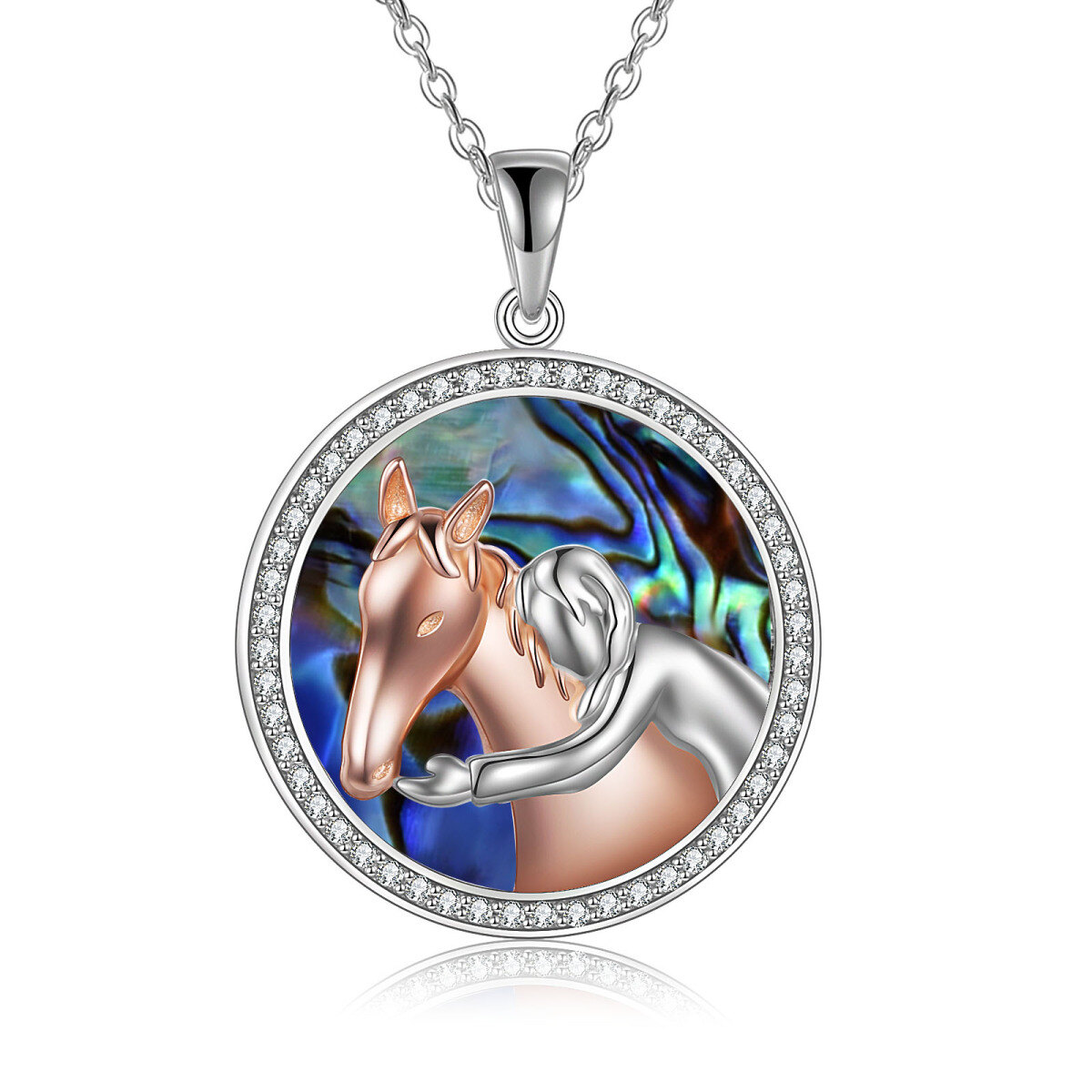 Sterling Silber zweifarbig Abalone Muscheln & Cubic Zirkonia Pferd Anhänger Halskette-1