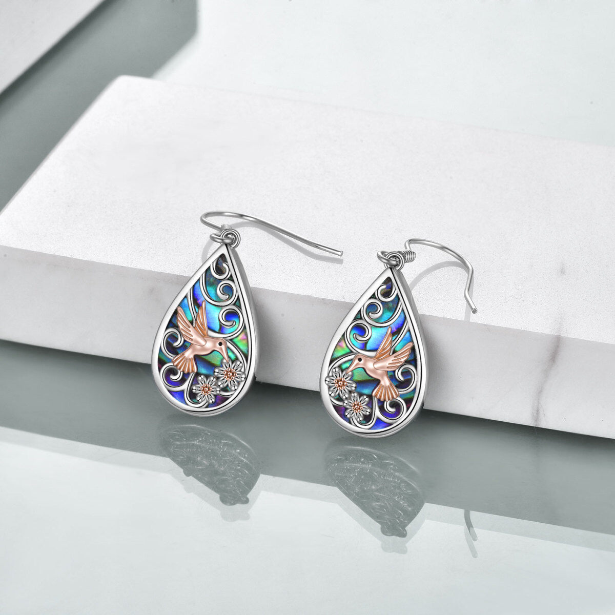 Sterling Silver Two-tone Abalone Shellfish Hummingbird Drop Earrings-3