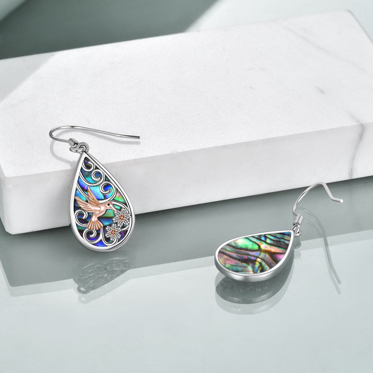 Sterling Silver Two-tone Abalone Shellfish Hummingbird Drop Earrings-4