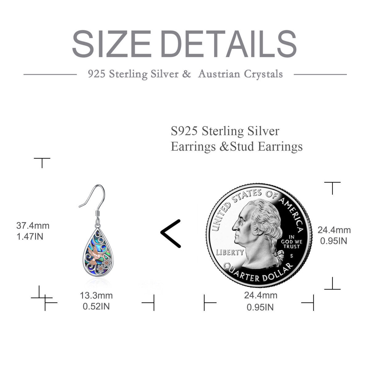 Sterling Silver Two-tone Abalone Shellfish Hummingbird Drop Earrings-5