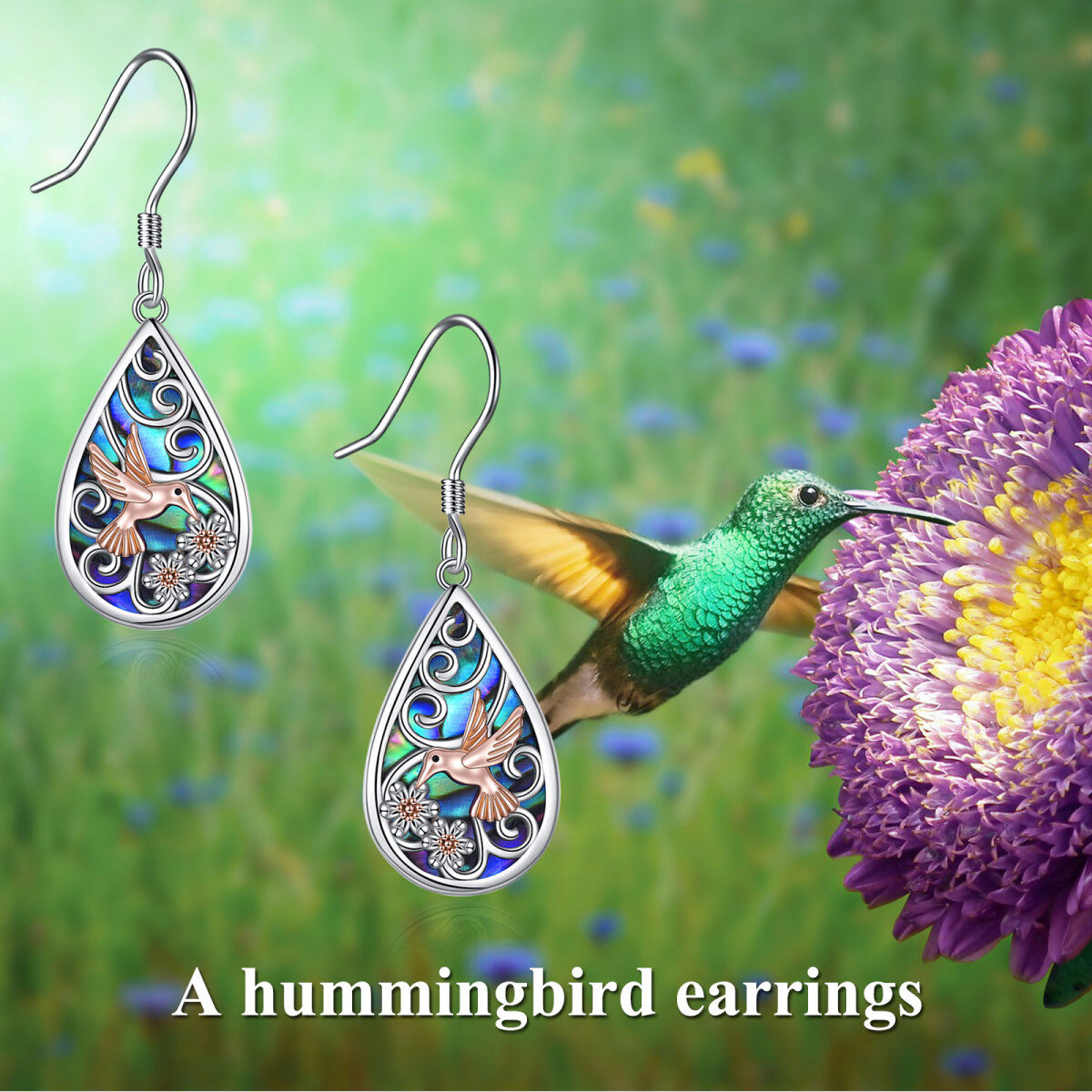 Sterling Silver Two-tone Abalone Shellfish Hummingbird Drop Earrings-6