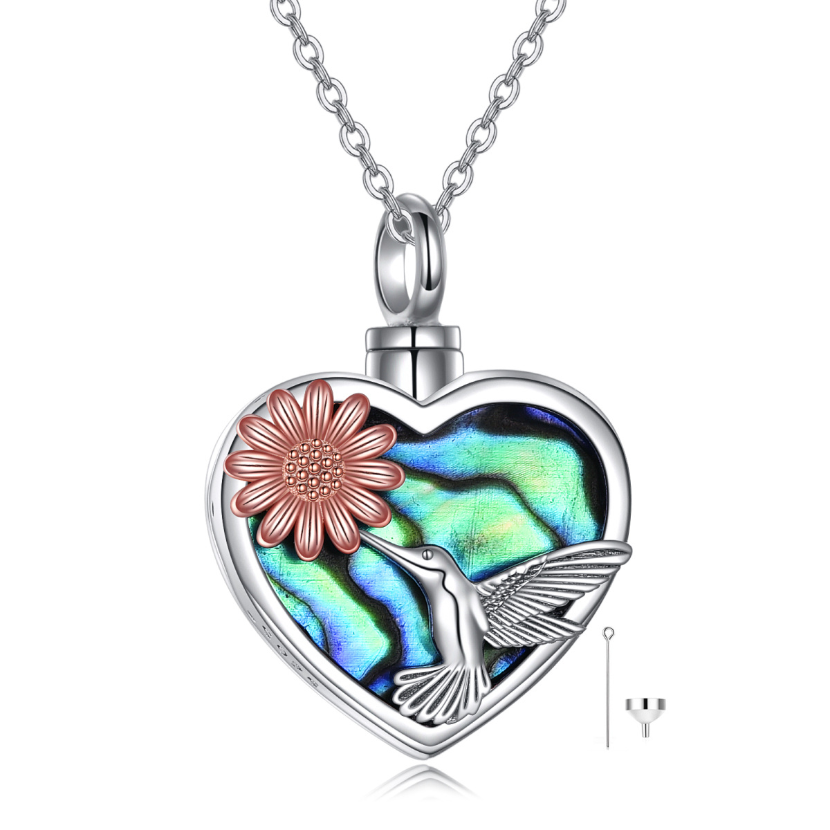 Sterling Silver Two-Tone Heart Abalone Hummingbird & Sunflower Urn Necklace For Ashes-1