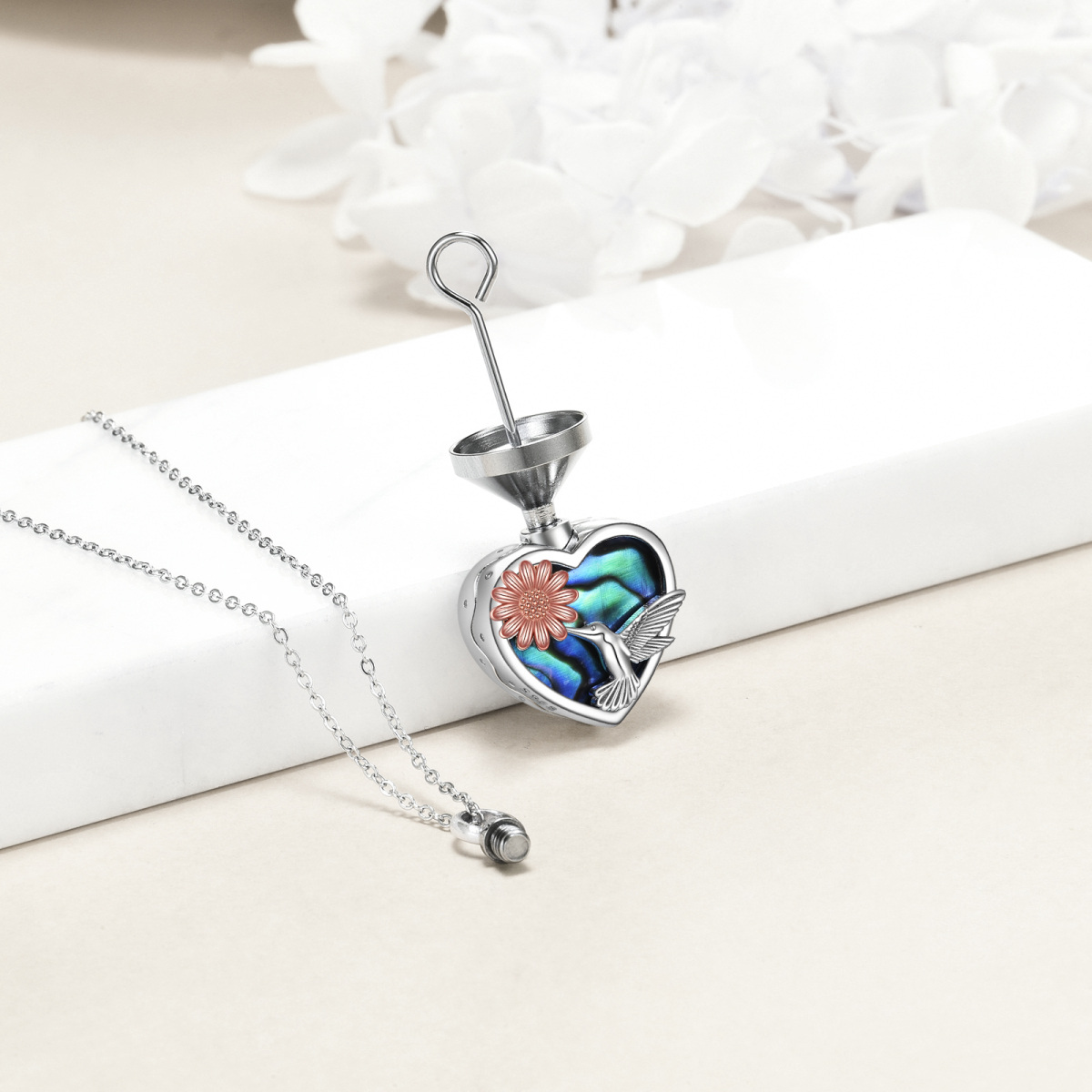 Sterling Silver Two-Tone Heart Abalone Hummingbird & Sunflower Urn Necklace For Ashes-4