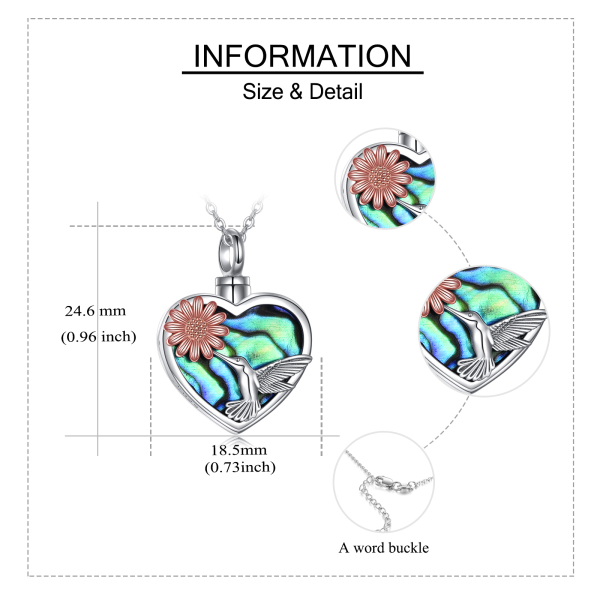 Zweifarbige Herz-Urne-Halskette aus Abalone-Kolibri und Sonnenblume aus Sterlingsilber für Asche-5