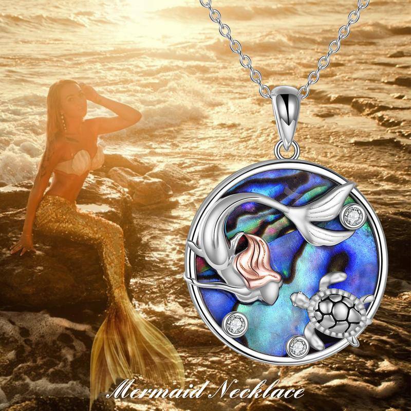 Sterling Silver Two-tone Abalone Shellfish & Cubic Zirconia Mermaid Pendant Necklace-6