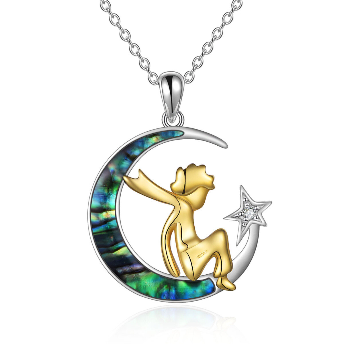 Sterling Silver Two-Tone Moon Abalone Shellfish With Cubic Zirconia The Little Prince Pendant Necklace For Women Men-1