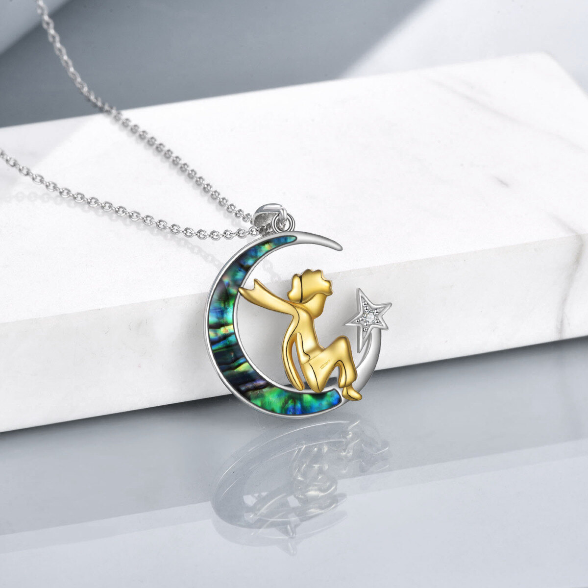 Sterling Silver Two-Tone Moon Abalone Shellfish With Cubic Zirconia The Little Prince Pendant Necklace For Women Men-3