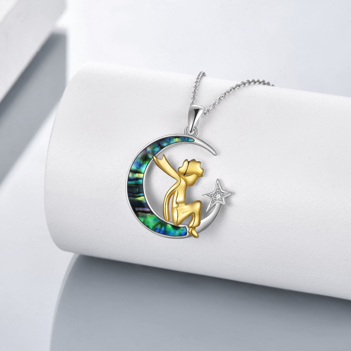 Sterling Silver Two-Tone Moon Abalone Shellfish With Cubic Zirconia The Little Prince Pendant Necklace For Women Men-4